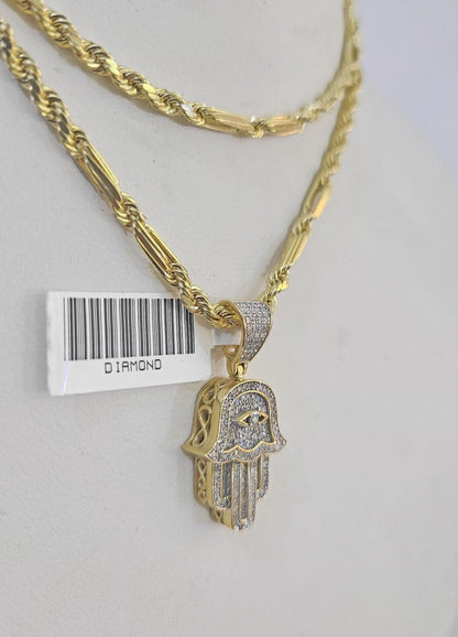 Real 10k Milano Rope Chain Diamond Hamsa Charm Necklace SET 3mm 18" 20" 22" 24" - GoldenlinQ