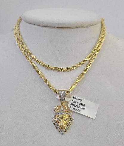 Real 10k Milano Rope Chain Diamond Lion Charm Necklace SET 3mm 18" 20" 22" 24" - GoldenlinQ