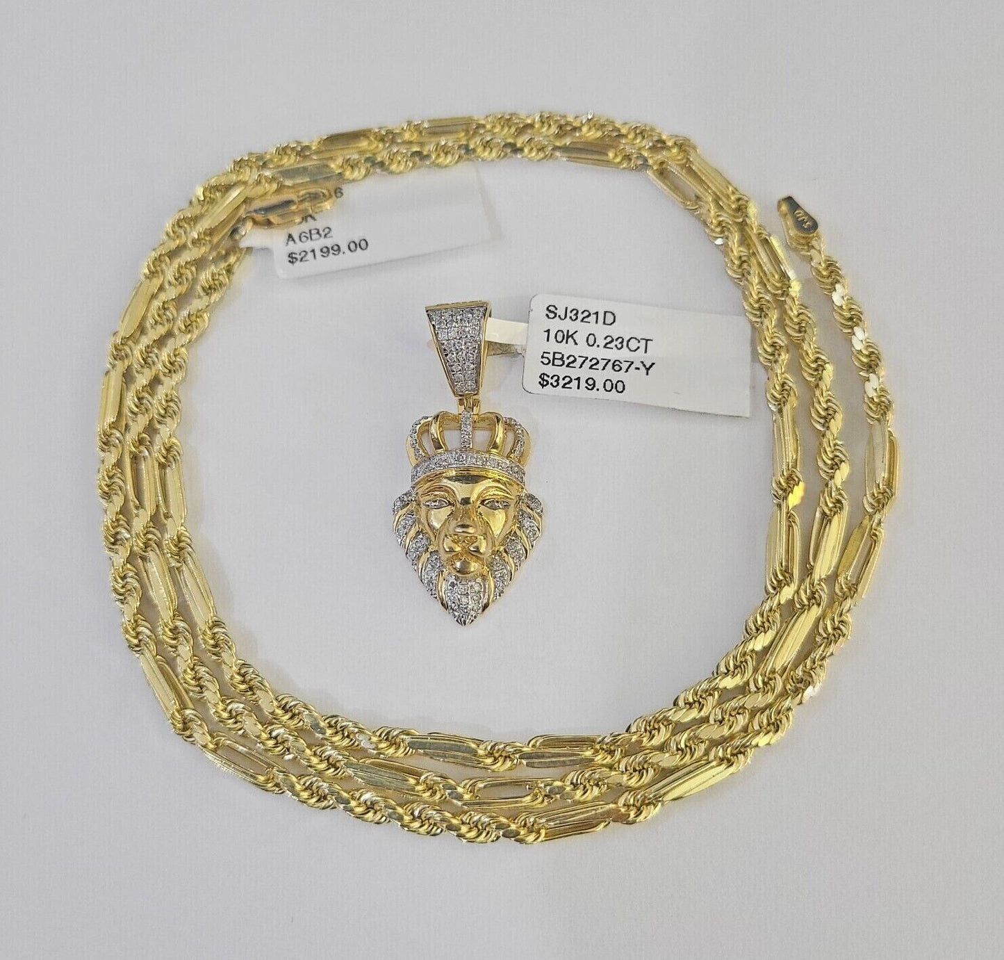 Real 10k Milano Rope Chain Diamond Lion Charm Necklace SET 3mm 18" 20" 22" 24" - GoldenlinQ