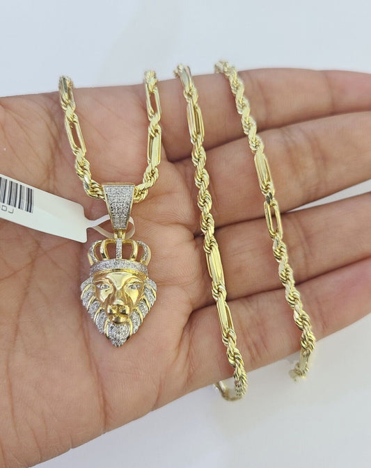Real 10k Milano Rope Chain Diamond Lion Charm Necklace SET 3mm 18" 20" 22" 24" - GoldenlinQ