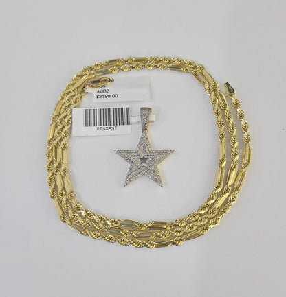 Real 10k Milano Rope Chain Diamond Star Charm Necklace SET 3mm 18" 20" 22" 24" - GoldenlinQ