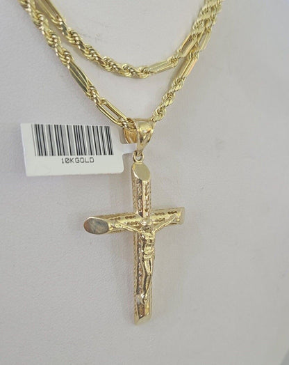 Real 10k Milano Rope Chain Jesus Cross Charm Necklace SET 3mm 18" 20" 22" 24" - GoldenlinQ