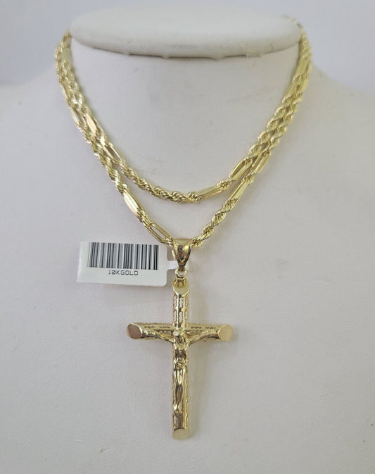 Real 10k Milano Rope Chain Jesus Cross Charm Necklace SET 3mm 18" 20" 22" 24" - GoldenlinQ