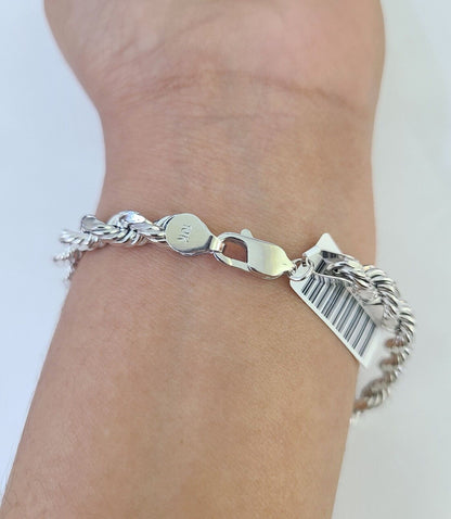 Real 10K Rope Bracelet White Gold 6mm 8Inch Lobster Lock Unisex Genuine - GoldenlinQ