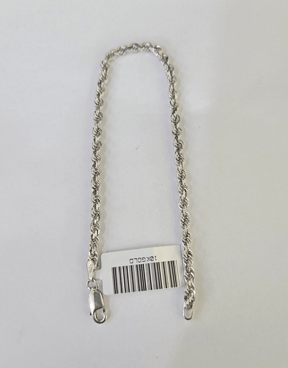 Real 10K Rope Bracelet White Gold Solid 3mm 7Inch Lobster Lock Unisex Genuine - GoldenlinQ
