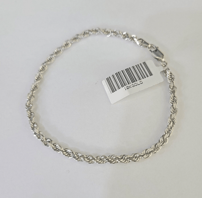 Real 10K Rope Bracelet White Gold Solid 3mm 7Inch Lobster Lock Unisex Genuine - GoldenlinQ