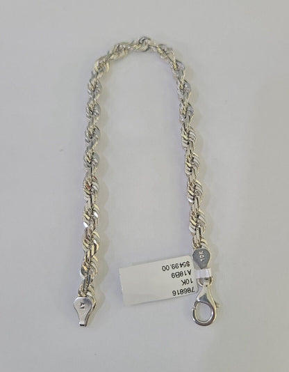 Real 10K Rope Bracelet White Gold Solid 5mm 8.5Inch Lobster Lock Unisex Genuine - GoldenlinQ
