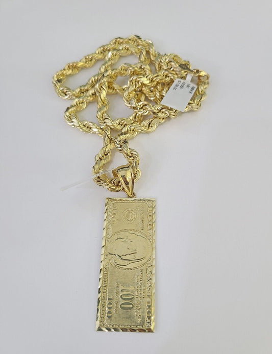 Real 10k Rope Chain 100$ Bill Money Charm Set 7mm 20" - 28" Inch Necklace Gold - Reva Jeweler