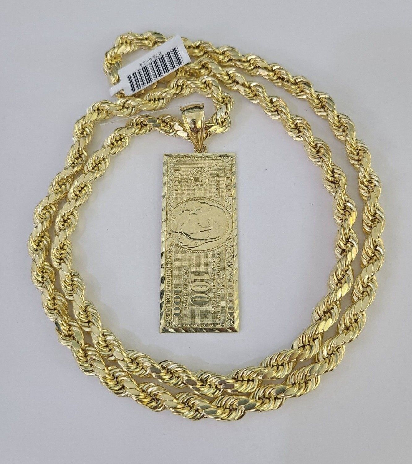 Real 10k Rope Chain 100$ Bill Money Charm Set 7mm 20" - 28" Inch Necklace Gold - Reva Jeweler