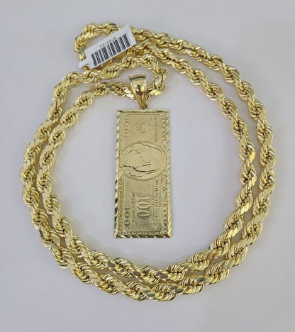 Real 10k Rope Chain 100$ Bill Money Charm Set 7mm 20" - 28" Inch Necklace Gold - Reva Jeweler