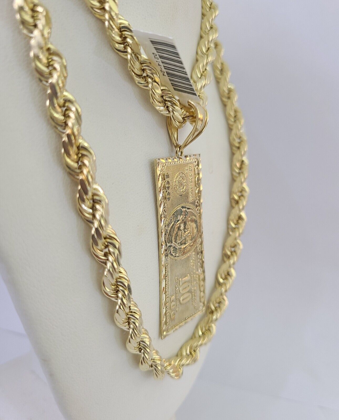 Real 10k Rope Chain 100$ Bill Money Charm Set 7mm 20" - 28" Inch Necklace Gold - Reva Jeweler