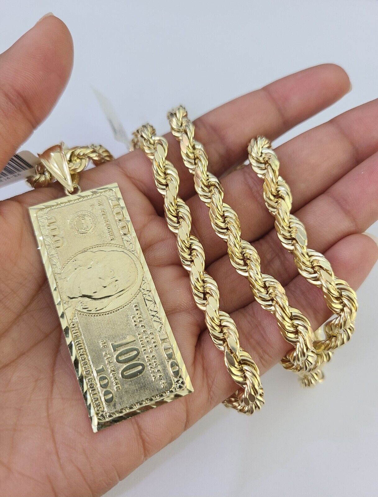 Real 10k Rope Chain 100$ Bill Money Charm Set 7mm 20" - 28" Inch Necklace Gold - Reva Jeweler