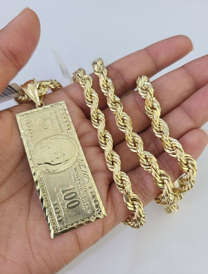 Real 10k Rope Chain 100$ Bill Money Charm Set 7mm 20" - 28" Inch Necklace Gold - Reva Jeweler
