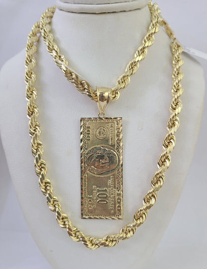 Real 10k Rope Chain 100$ Bill Money Charm Set 7mm 20" - 28" Inch Necklace Gold - Reva Jeweler
