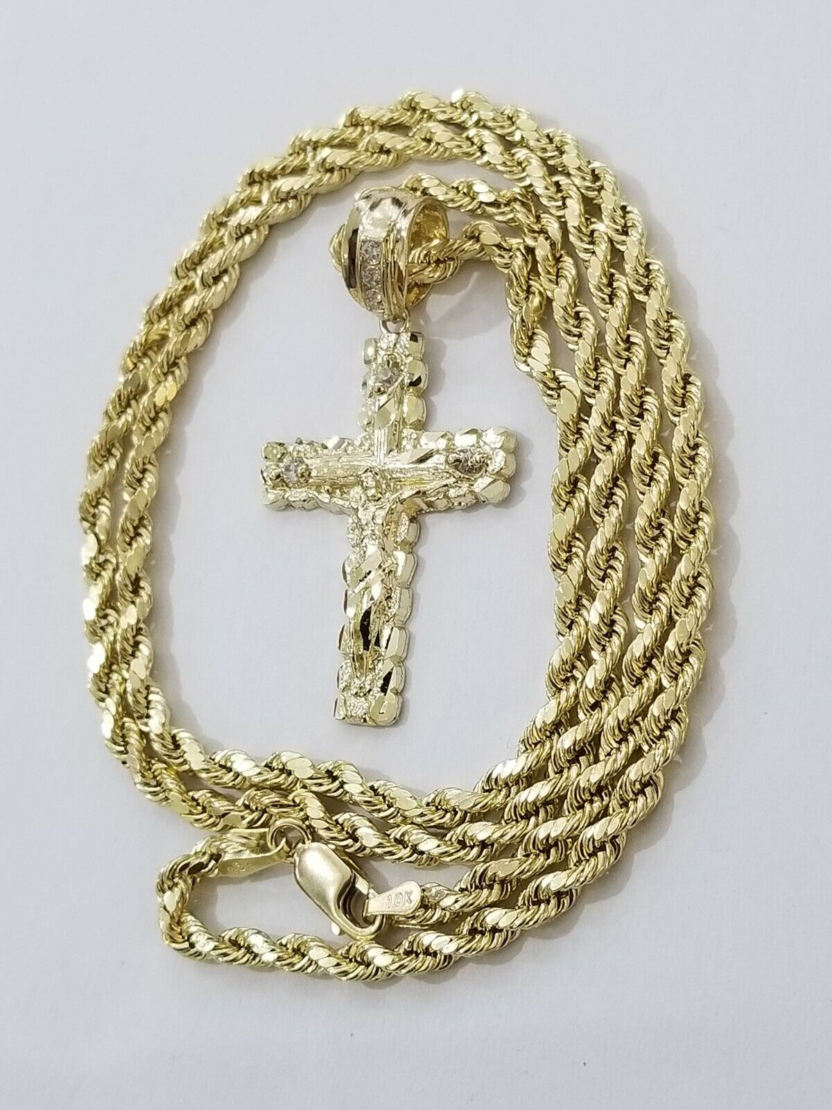 REAL 10k Rope Chain And Cross Charm Pendant 3mm Necklace Jesus Cross Set 16" - 28" - Reva Jeweler