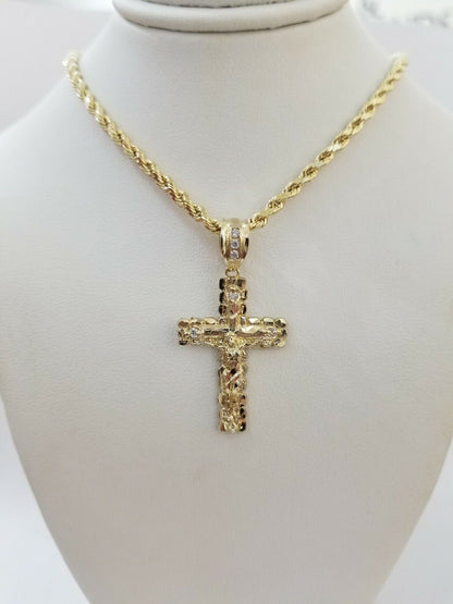 REAL 10k Rope Chain And Cross Charm Pendant 3mm Necklace Jesus Cross Set 16" - 28" - Reva Jeweler