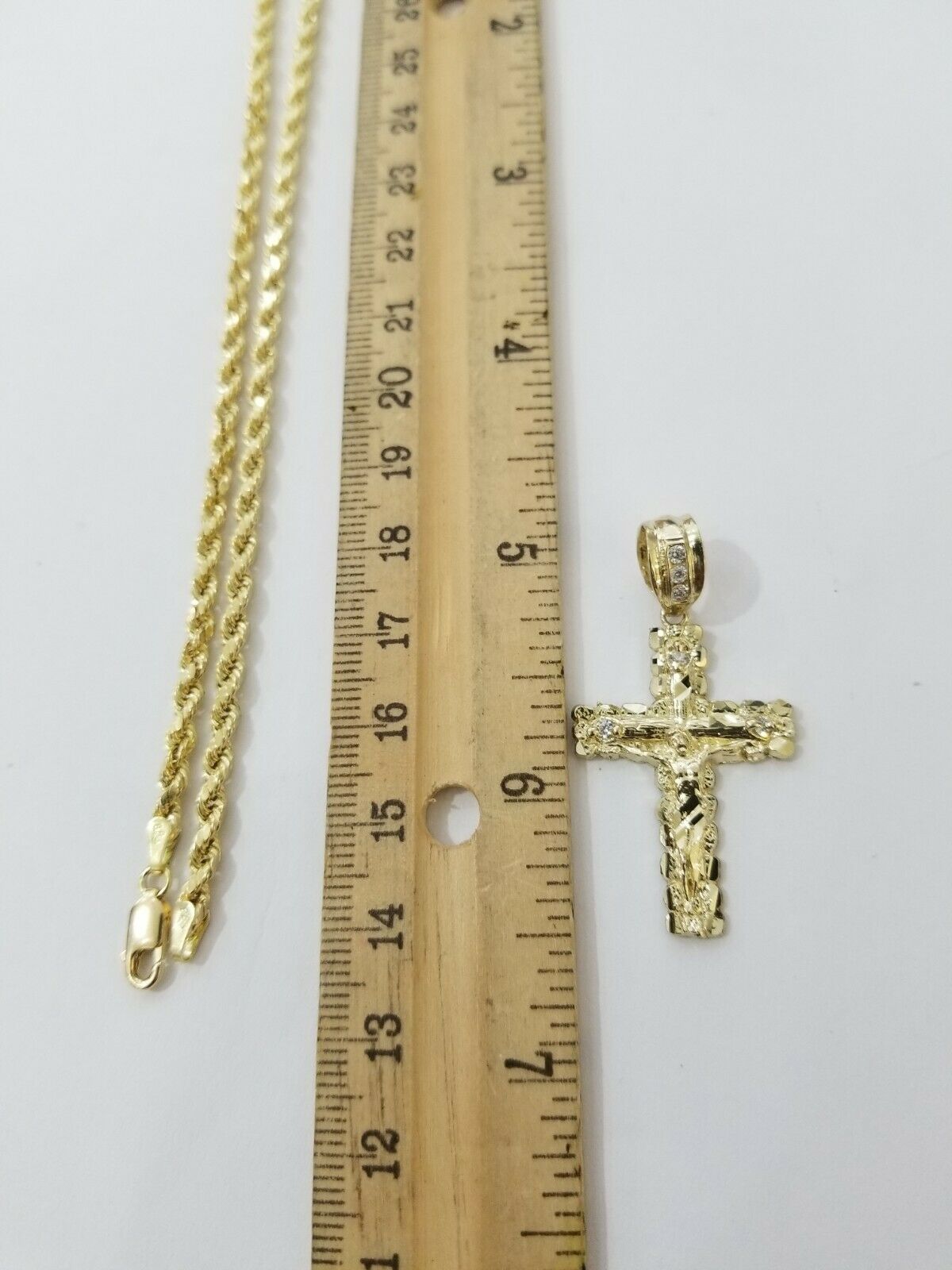 REAL 10k Rope Chain And Cross Charm Pendant 3mm Necklace Jesus Cross Set 16" - 28" - Reva Jeweler