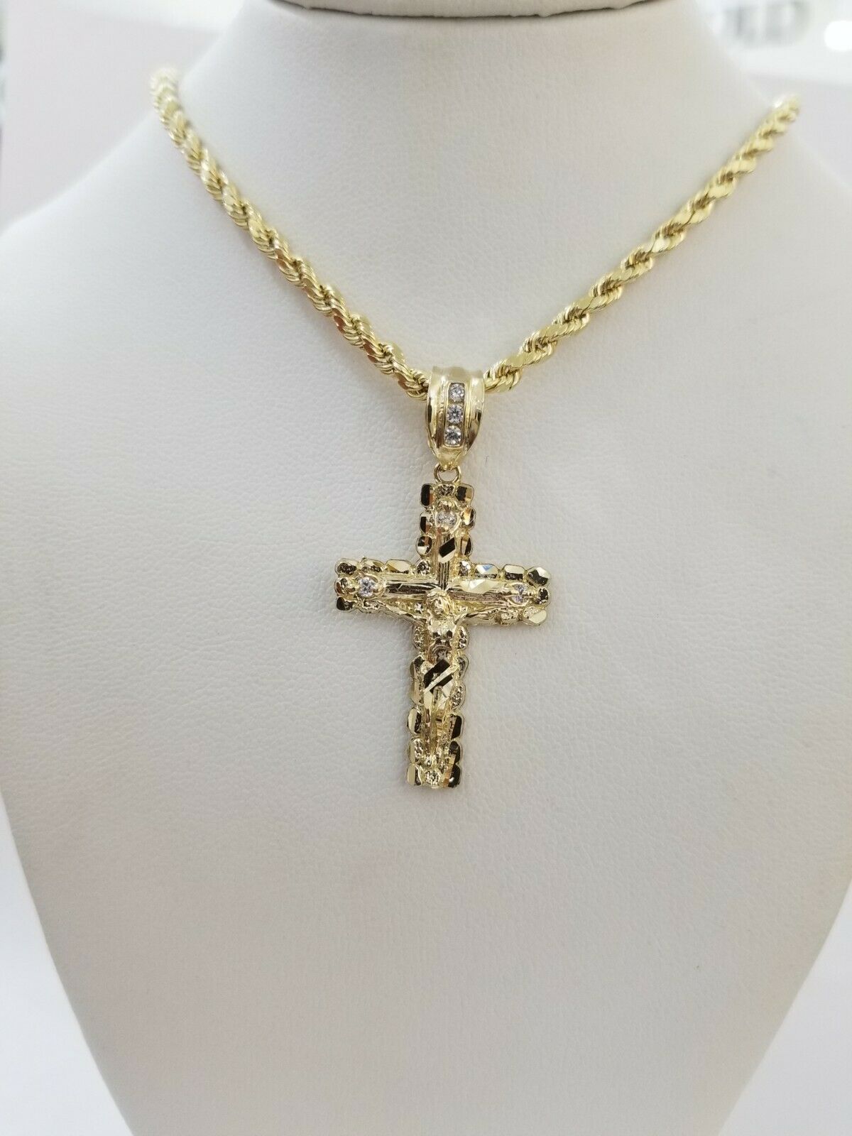 REAL 10k Rope Chain And Cross Charm Pendant 3mm Necklace Jesus Cross Set 16" - 28" - Reva Jeweler