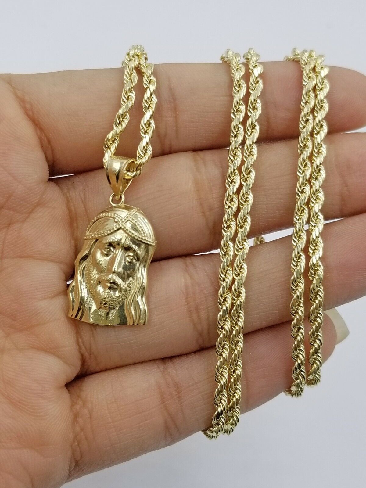 REAL 10k Rope Chain And Jesus head face Charm Pendant 3mm Necklace Set 16" - 28" - Reva Jeweler