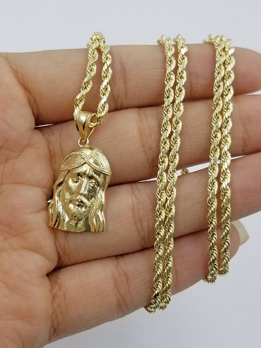 REAL 10k Rope Chain And Jesus head face Charm Pendant 3mm Necklace Set 16" - 28" - Reva Jeweler