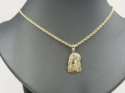 REAL 10k Rope Chain And Jesus head face Charm Pendant 3mm Necklace Set 16" - 28" - Reva Jeweler