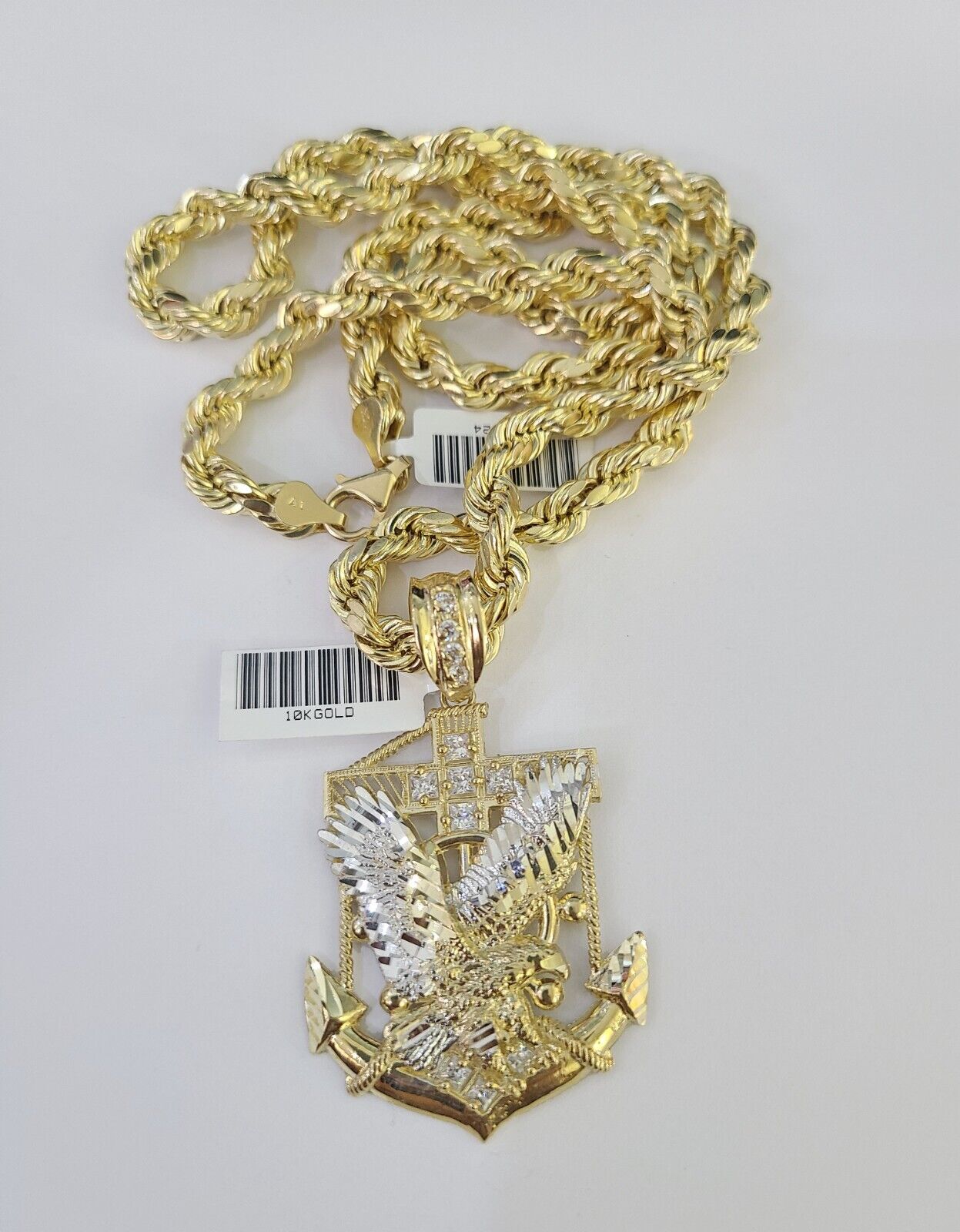 Real 10k Rope Chain Eagle Anchor Charm Set 7mm 20" - 28" Inch Necklace Yellow Gold - Reva Jeweler