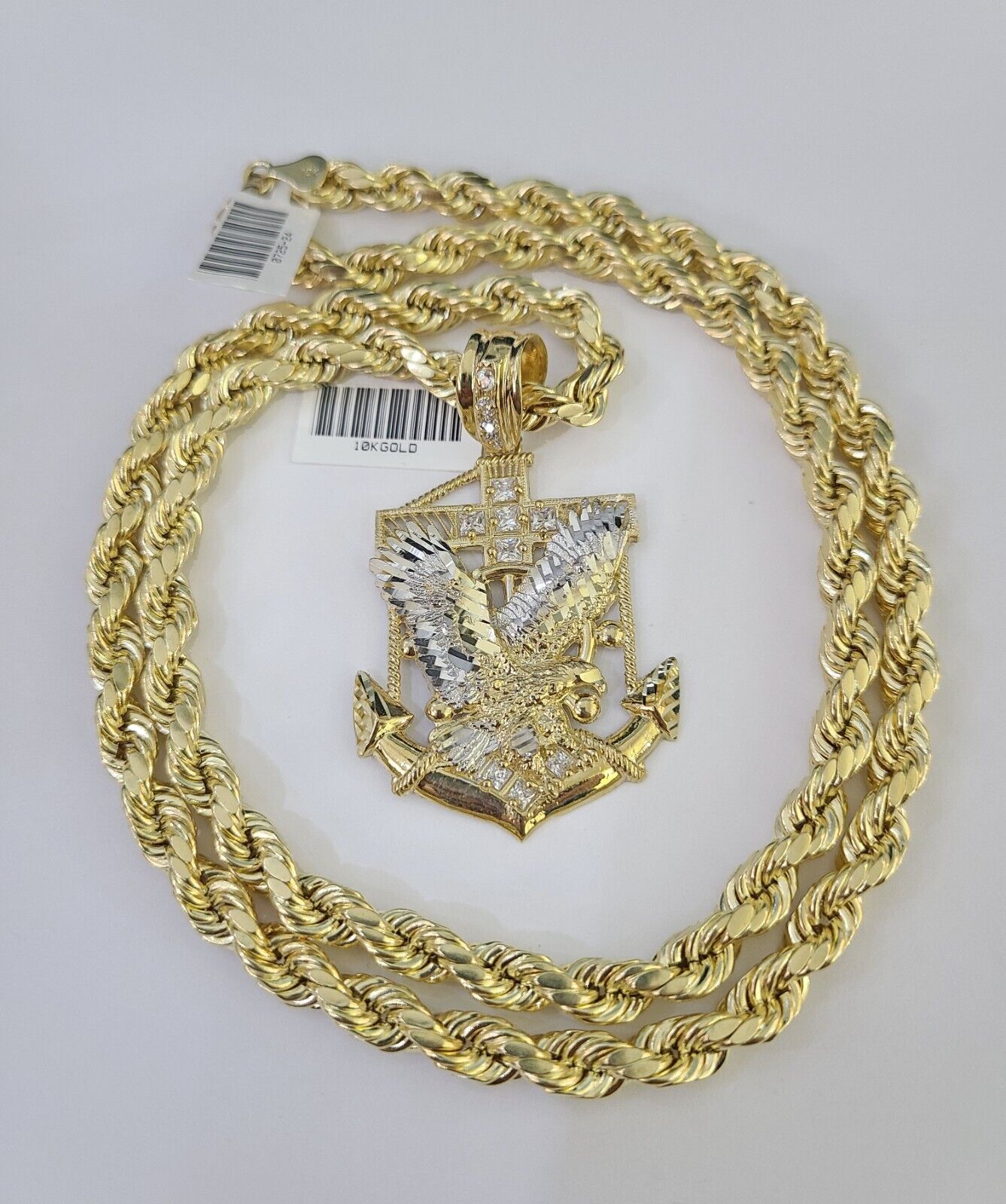 Real 10k Rope Chain Eagle Anchor Charm Set 7mm 20" - 28" Inch Necklace Yellow Gold - Reva Jeweler