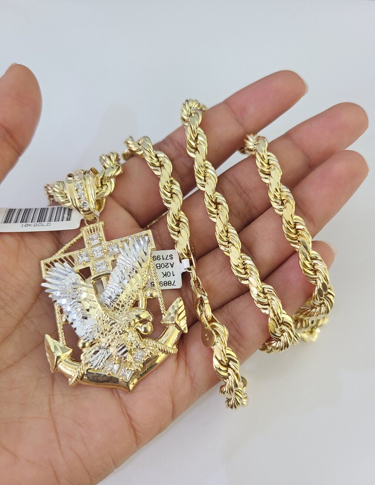 Real 10k Rope Chain Eagle Anchor Charm Set 7mm 20" - 28" Inch Necklace Yellow Gold - Reva Jeweler