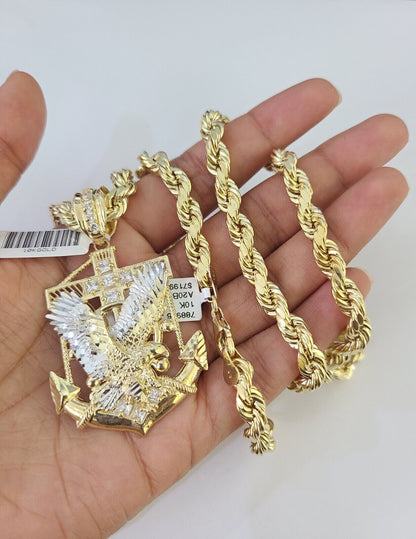 Real 10k Rope Chain Eagle Anchor Charm Set 7mm 20" - 28" Inch Necklace Yellow Gold - Reva Jeweler