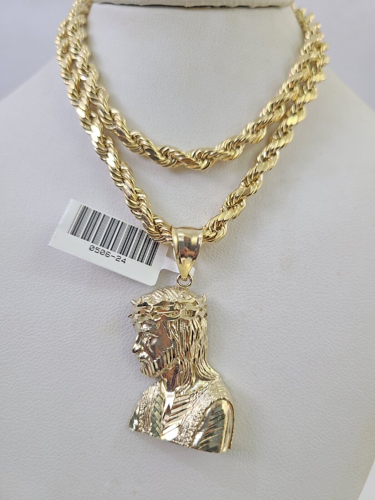 Real 10k Rope Chain Jesus Charm Necklace Pendant Set 5mm 20" - 30" Inch Gold - Reva Jeweler
