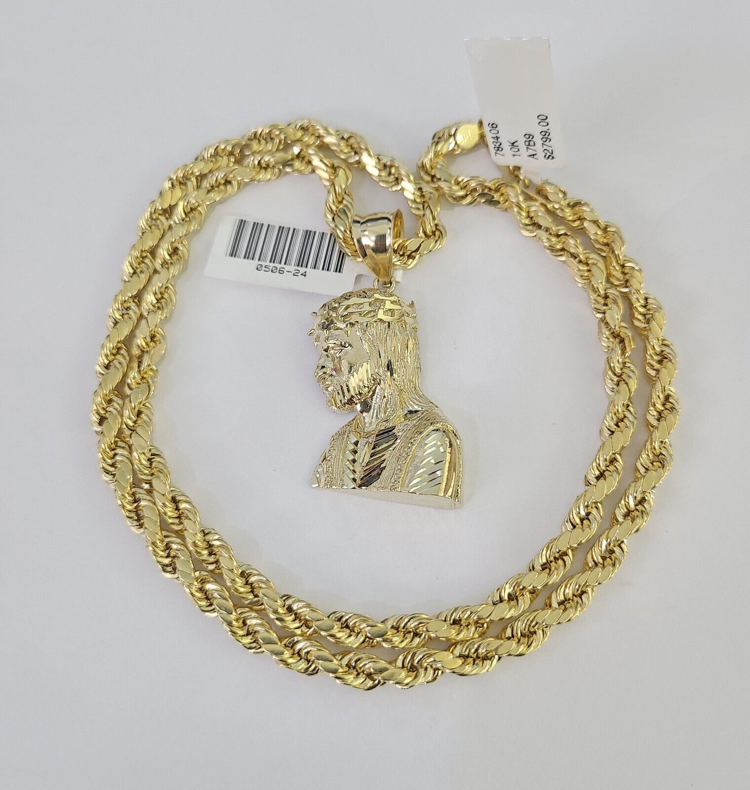 Real 10k Rope Chain Jesus Charm Necklace Pendant Set 5mm 20" - 30" Inch Gold - Reva Jeweler