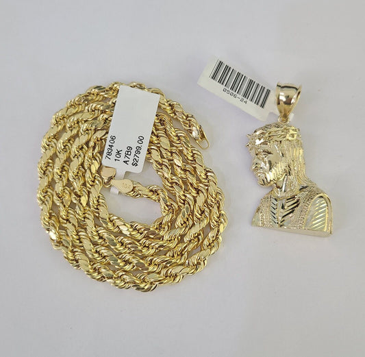 Real 10k Rope Chain Jesus Charm Necklace Pendant Set 5mm 20" - 30" Inch Gold - Reva Jeweler