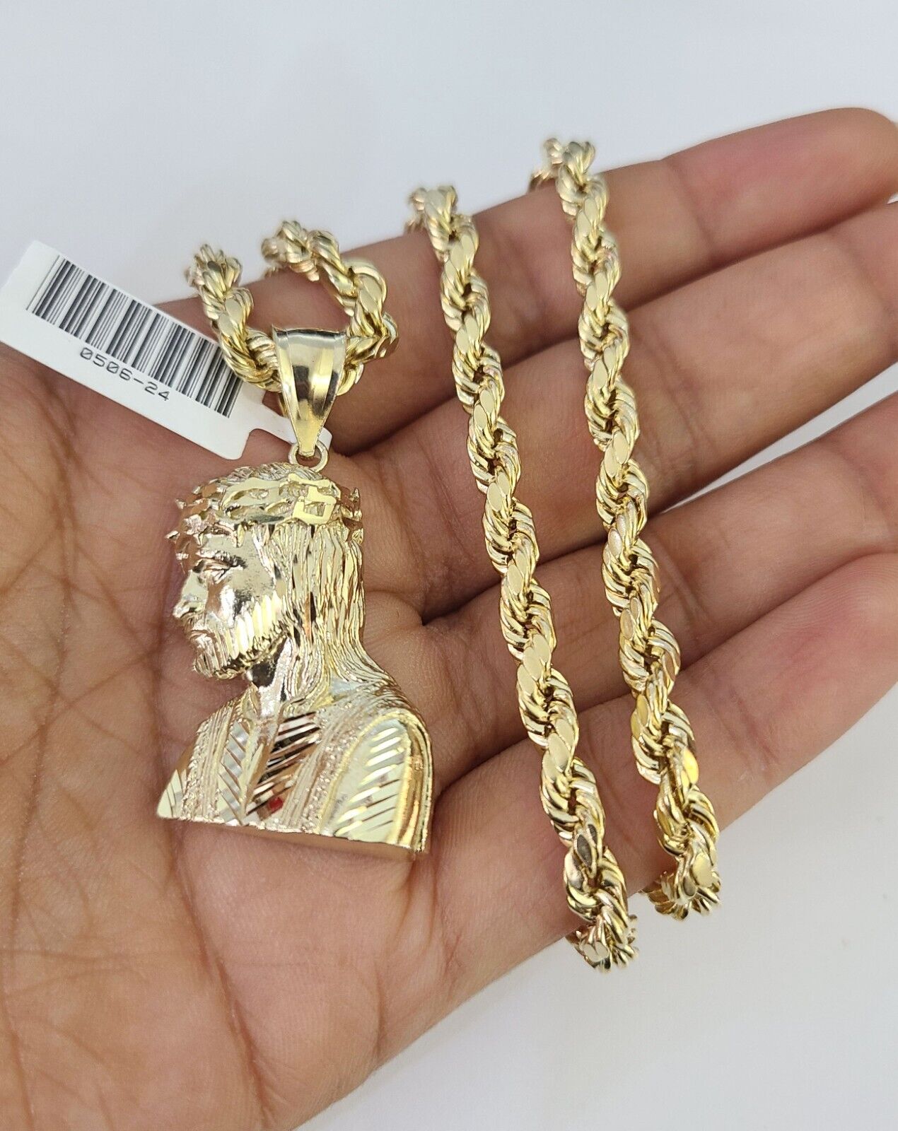 Real 10k Rope Chain Jesus Charm Necklace Pendant Set 5mm 20" - 30" Inch Gold - Reva Jeweler