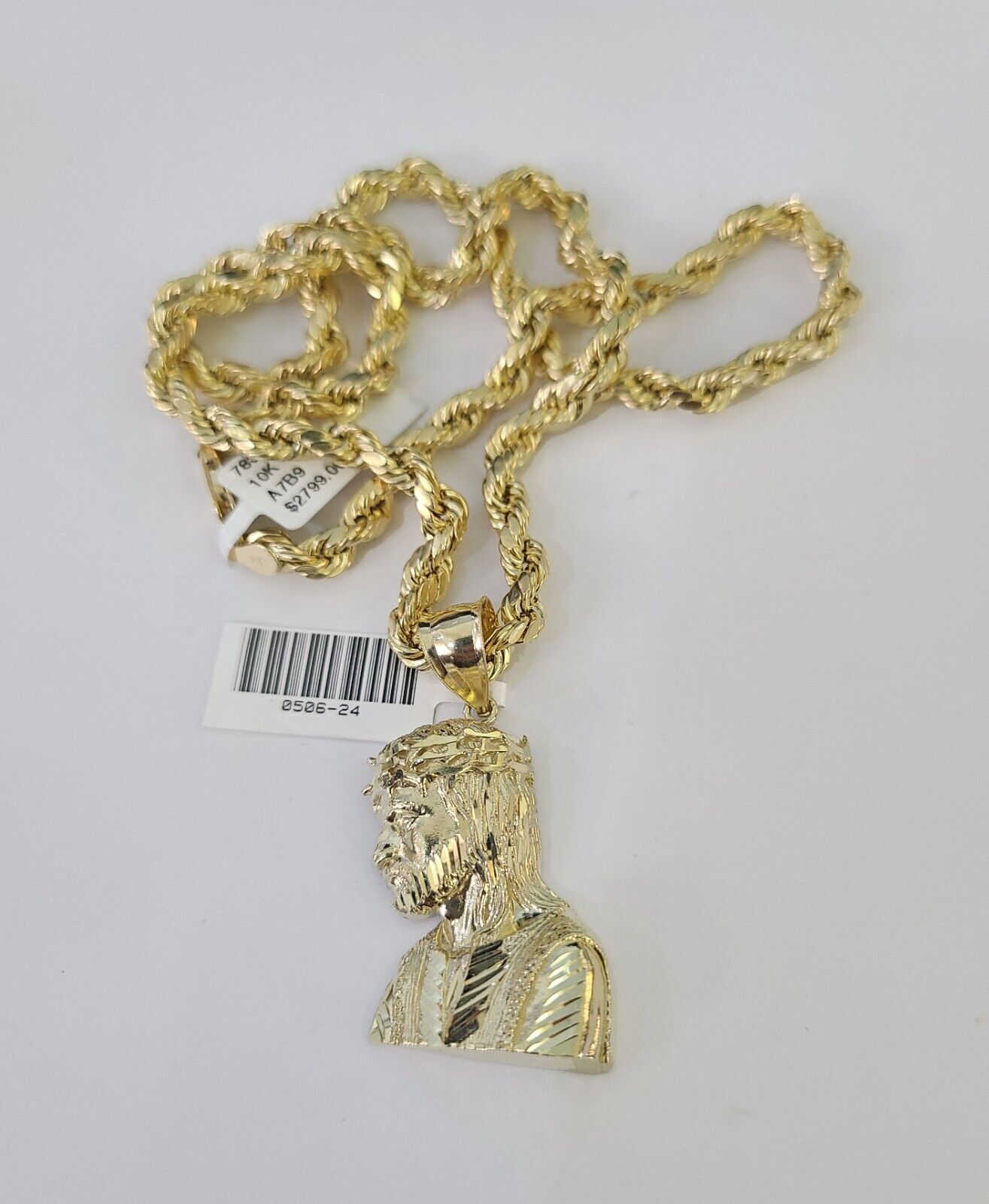 Real 10k Rope Chain Jesus Charm Necklace Pendant Set 5mm 20" - 30" Inch Gold - Reva Jeweler