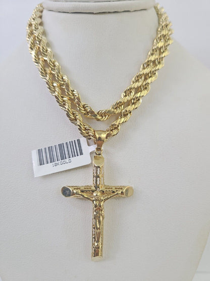 Real 10k Rope Chain Jesus Cross Charm Necklace Pendant Set 5mm 20" - 30" Inch Gold - Reva Jeweler