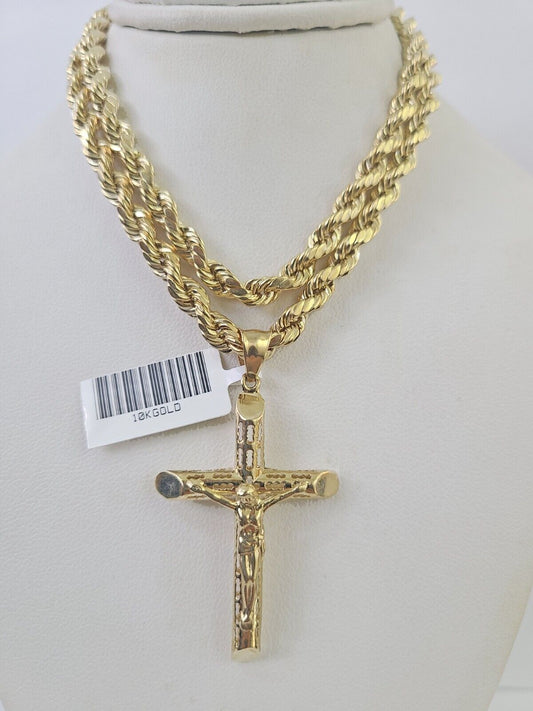 Real 10k Rope Chain Jesus Cross Charm Necklace Pendant Set 5mm 20" - 30" Inch Gold - Reva Jeweler