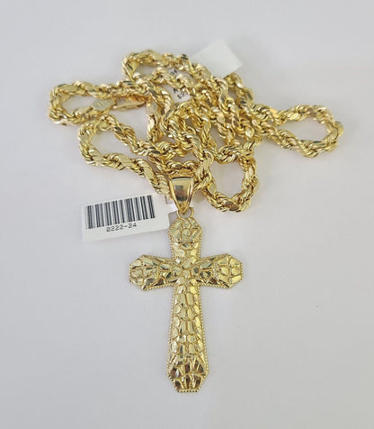 Real 10k Rope Chain Jesus Cross Charm Necklace Pendant Set 5mm 20" - 30" Inch Gold - Reva Jeweler