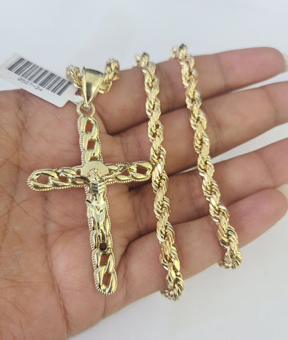 Real 10k Rope Chain Jesus Cross Charm Necklace Pendant Set 5mm 20" - 30" Inch Gold - Reva Jeweler