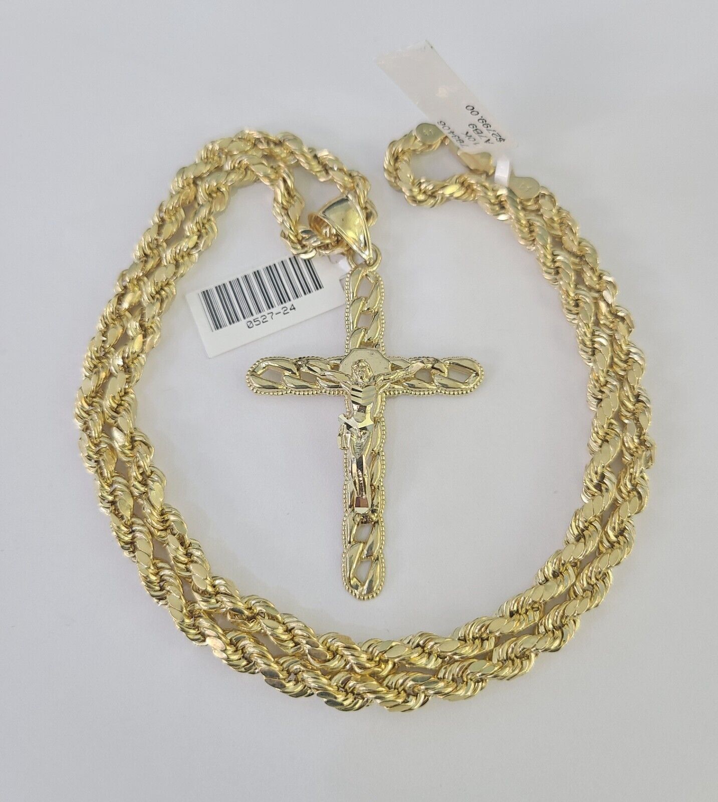 Real 10k Rope Chain Jesus Cross Charm Necklace Pendant Set 5mm 20" - 30" Inch Gold - Reva Jeweler
