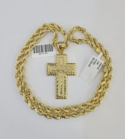Real 10k Rope Chain Jesus Cross Charm Necklace Pendant Set 5mm 20" - 30" Inch Gold - Reva Jeweler