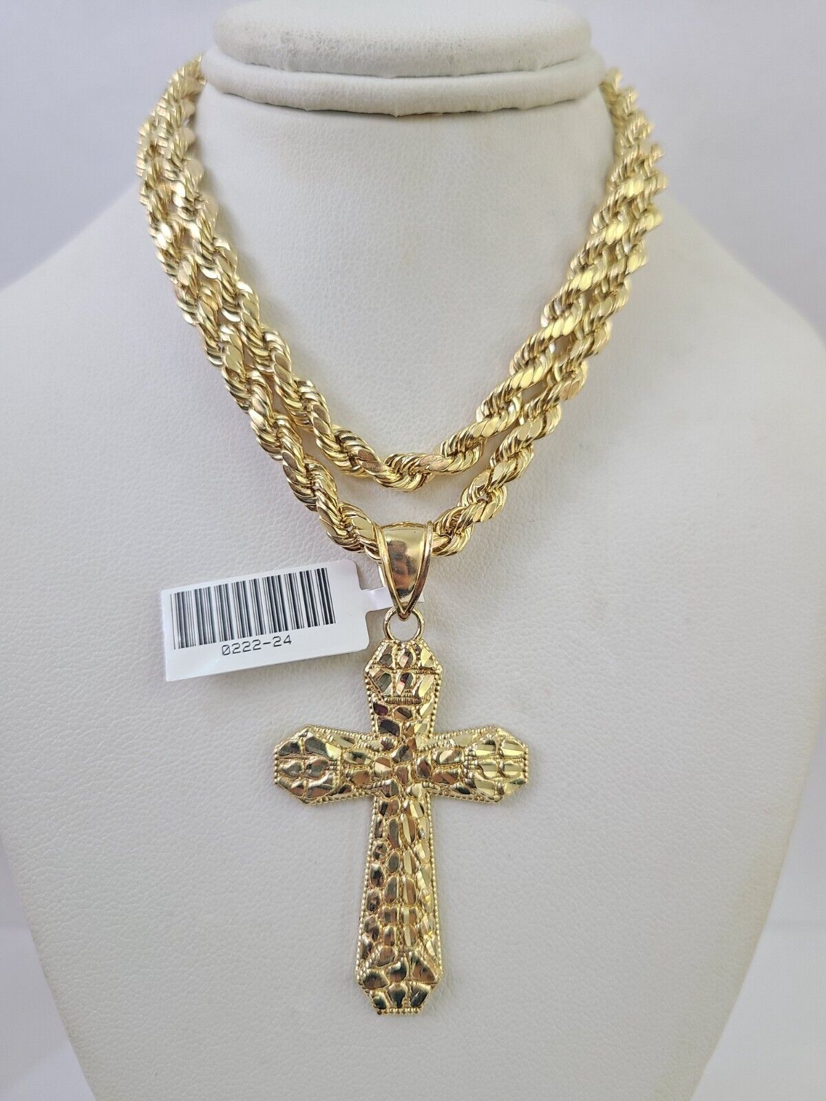 Real 10k Rope Chain Jesus Cross Charm Necklace Pendant Set 5mm 20" - 30" Inch Gold - Reva Jeweler