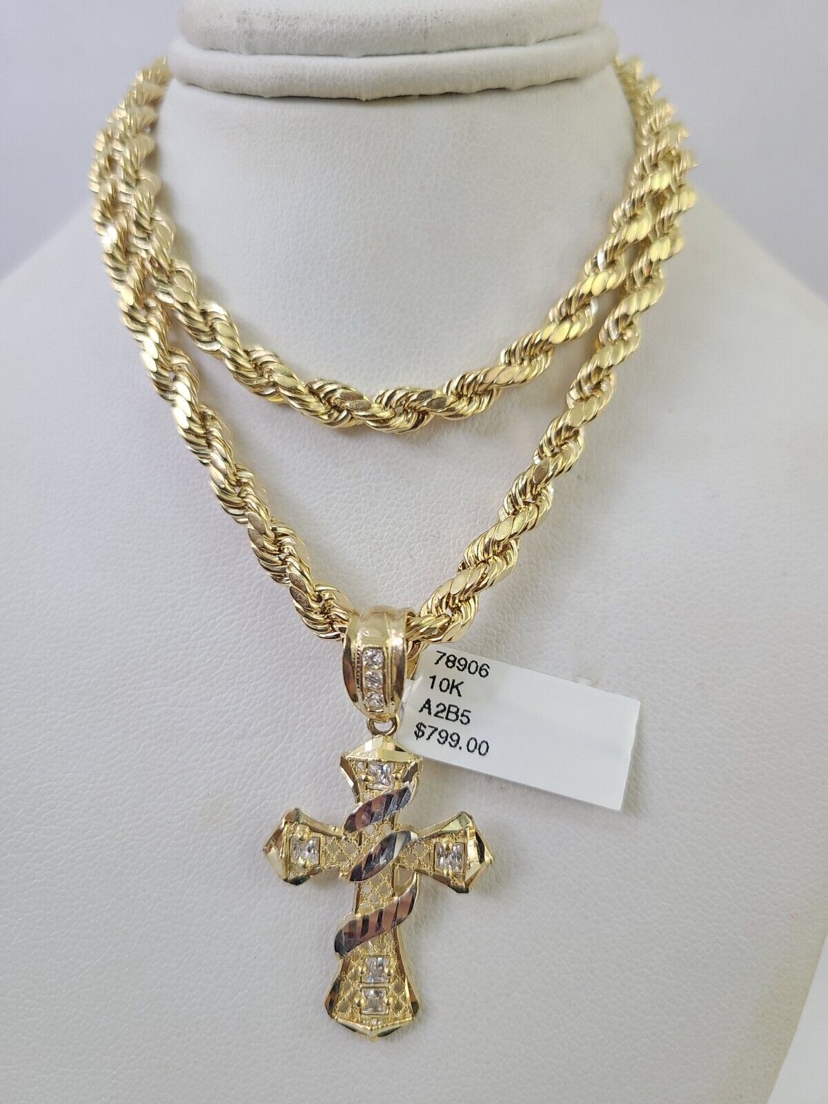 Real 10k Rope Chain Jesus Cross Charm Necklace Pendant Set 5mm 20" - 30" Inch Gold - Reva Jeweler