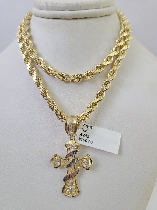 Real 10k Rope Chain Jesus Cross Charm Necklace Pendant Set 5mm 20" - 30" Inch Gold - Reva Jeweler