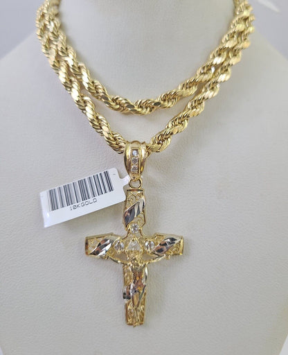 Real 10k Rope Chain Jesus Cross Charm Necklace Pendant Set 5mm 20" - 30" Inch Gold - Reva Jeweler