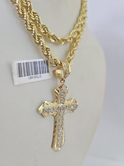 Real 10k Rope Chain Jesus Cross Charm Necklace Pendant Set 5mm 20" - 30" Inch Gold - Reva Jeweler