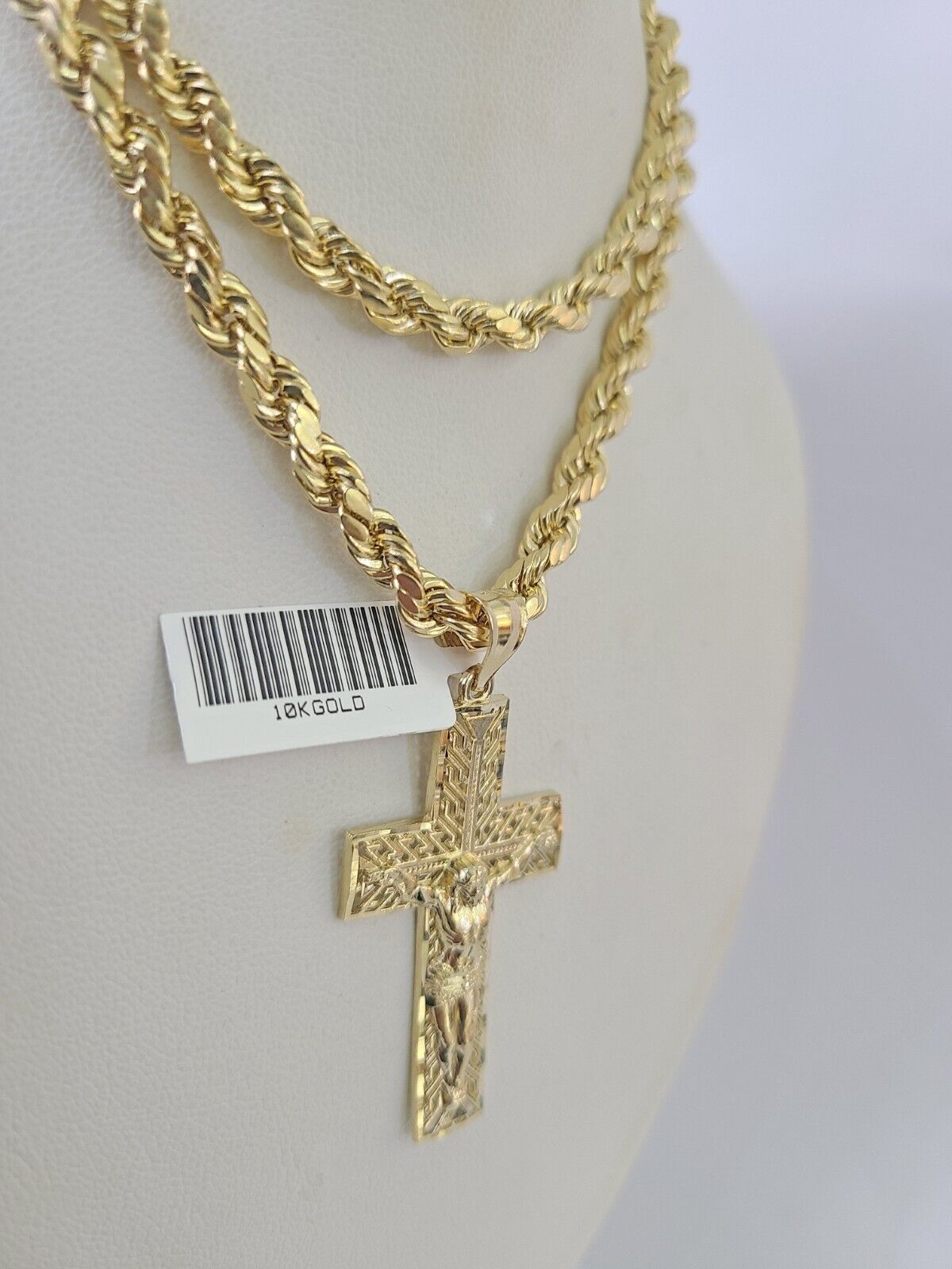 Real 10k Rope Chain Jesus Cross Charm Necklace Pendant Set 5mm 20" - 30" Inch Gold - Reva Jeweler