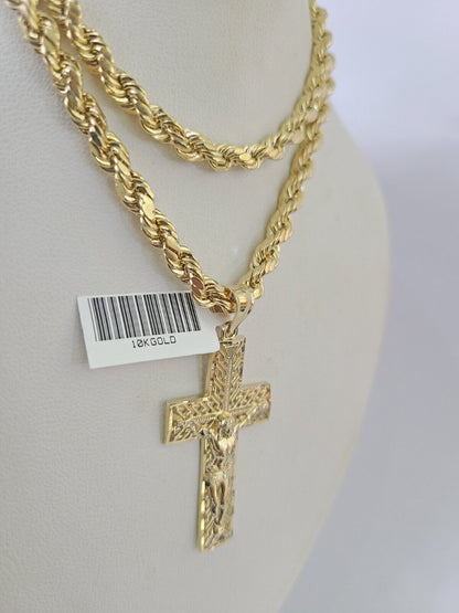 Real 10k Rope Chain Jesus Cross Charm Necklace Pendant Set 5mm 20" - 30" Inch Gold - Reva Jeweler