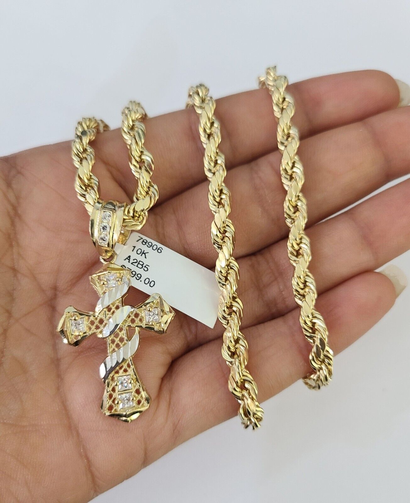 Real 10k Rope Chain Jesus Cross Charm Necklace Pendant Set 5mm 20" - 30" Inch Gold - Reva Jeweler