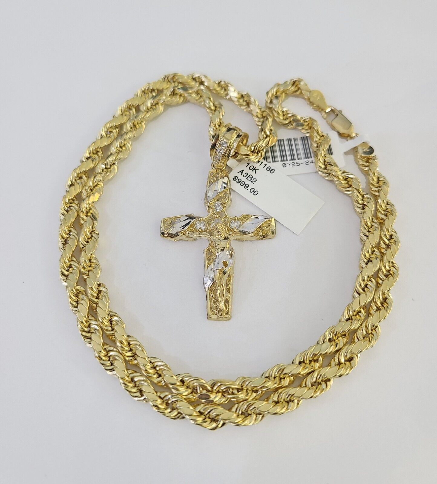 Real 10k Rope Chain Jesus Cross Charm Necklace Pendant Set 5mm 20" - 30" Inch Gold - Reva Jeweler