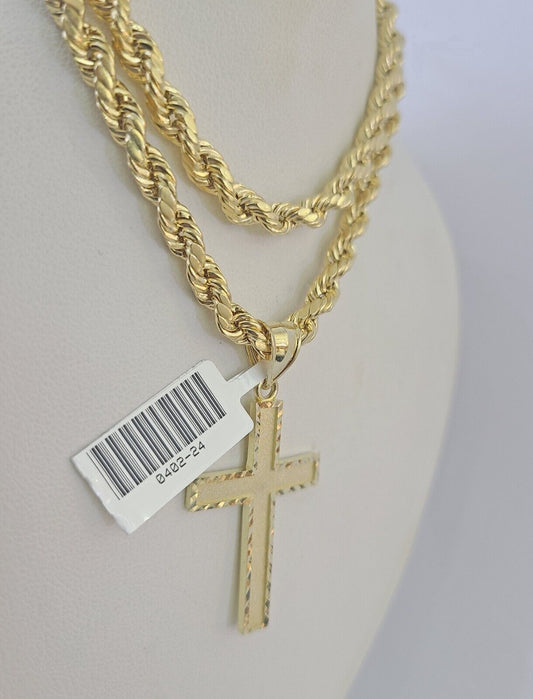 Real 10k Rope Chain Jesus Cross Charm Necklace Pendant Set 5mm 20" - 30" Inch Gold - Reva Jeweler